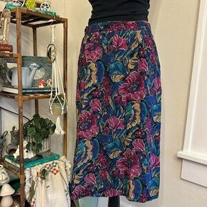Vintage 80s Academia Multicolor Floral Midi Skirt w Pockets by Norton McNaughton
